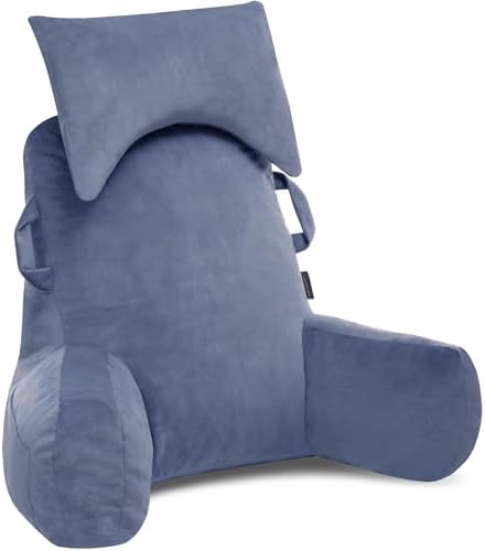 Unisakey Portable Reading Pillow with Headrest and Pockets Blue