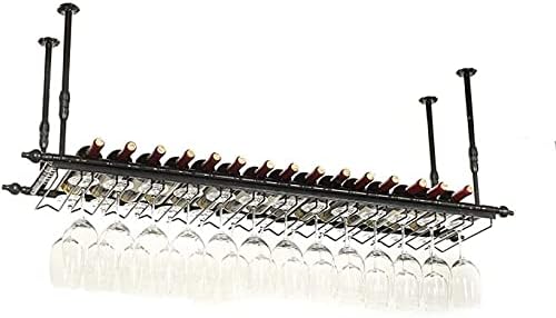 Modern Ceiling Wine Rack with Adjustable Rod and Glass Holder