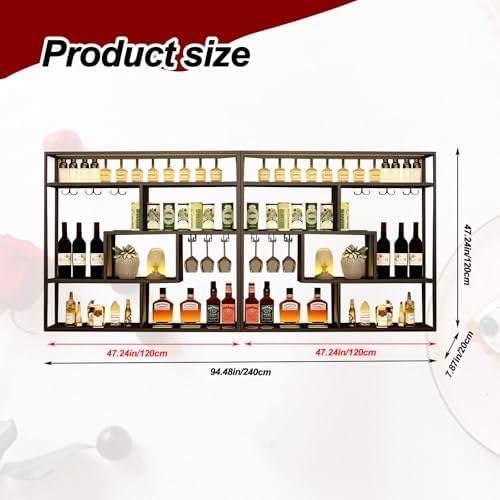 118in Wall Mounted Wine Rack with Glass Holder 4-Tier Industrial Design Black