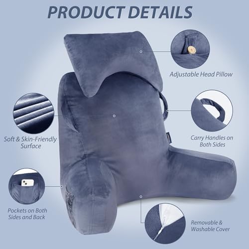Unisakey Portable Reading Pillow with Headrest and Pockets Blue