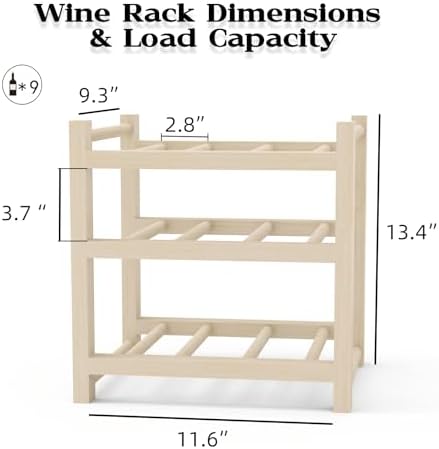 Haihomebest Solid Wood Wine Rack 9-Bottle 3-Tier
