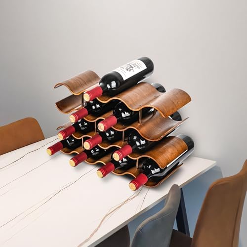 TRUDING 14 Bottle Tabletop Wine Rack with 4 Tier Walnut Wavy Design