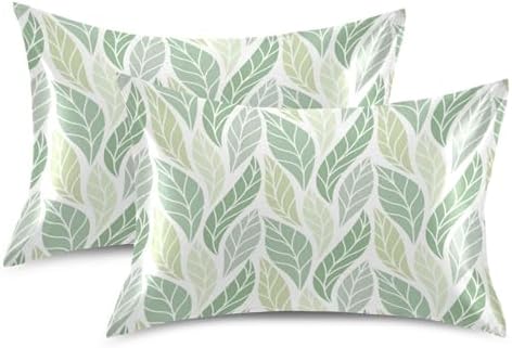 TSENQUE Geometric Green Leaves Pattern Satin Pillow Case