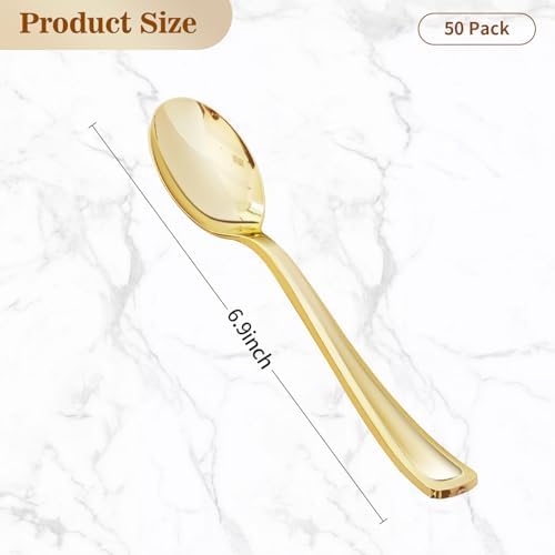 50 Pack Gold Plastic Spoons - Heavy Duty Disposable Serving Utensils