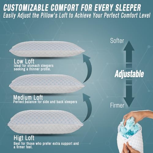 Cooling Shredded Memory Foam Pillow Adjustable Gel Travel-Ready