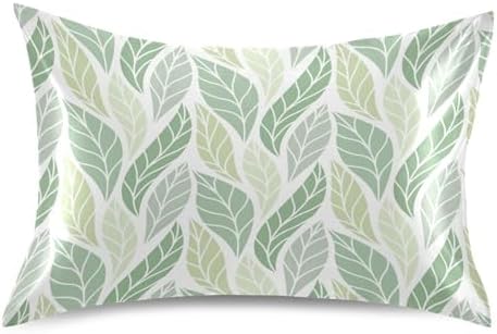 TSENQUE Geometric Green Leaves Pattern Satin Pillow Case