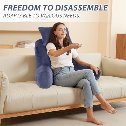 Unisakey Portable Reading Pillow with Headrest and Pockets Blue
