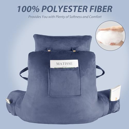 Unisakey Portable Reading Pillow with Headrest and Pockets Blue