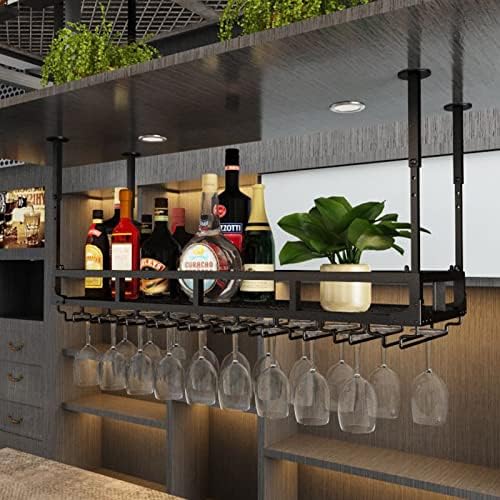 Adjustable Wine Glass Holder with Bottle Rack Black