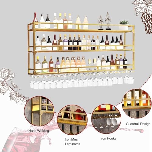 Wall Mounted Wine Rack 3 Tiers Gold Metal
