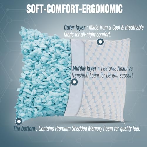 Cooling Shredded Memory Foam Pillow Adjustable Gel Travel-Ready