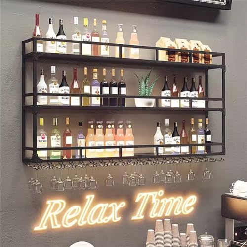 SilteD Wall-Mounted Wine Rack with LED Industrial Style Glass Display Shelf