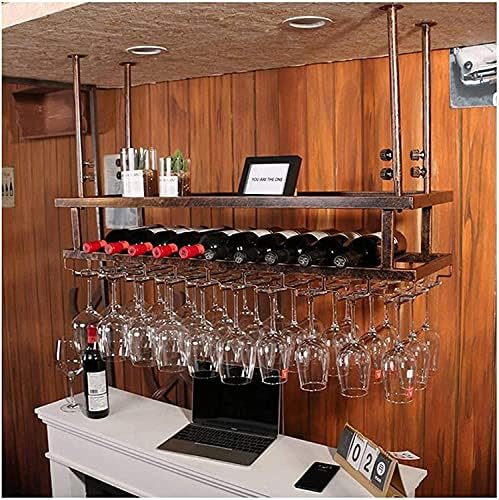 Sturdy Metal Ceiling Wine Rack with Glass Holder Shelf