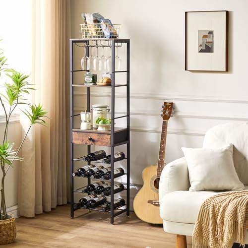 IBUYKE 4-Tier Freestanding Wine Rack with Storage Drawer