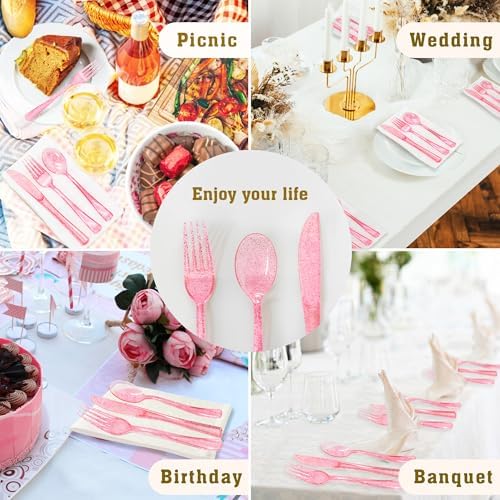 150 Pack Pink Plastic Silverware Set for Parties