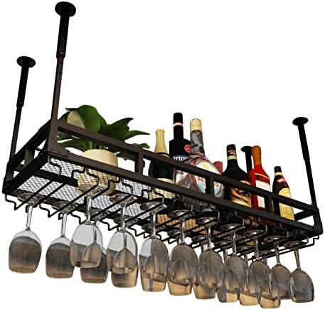 Adjustable Wine Glass Holder with Bottle Rack Black