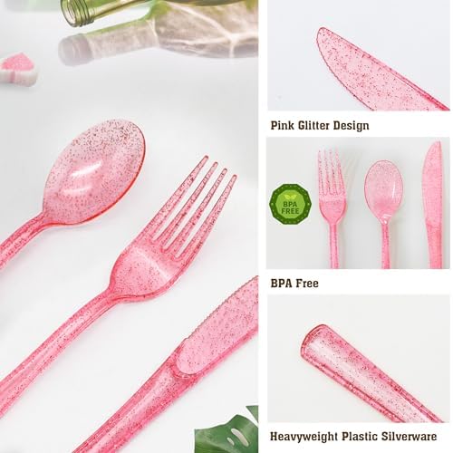 150 Pack Pink Plastic Silverware Set for Parties