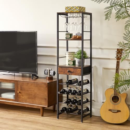 IBUYKE 4-Tier Freestanding Wine Rack with Storage Drawer
