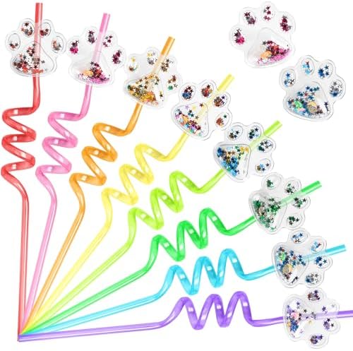 FZR Legend 24Pcs Glitter Paw Drinking Straws with 2Pcs Straw Cleaning Brushes