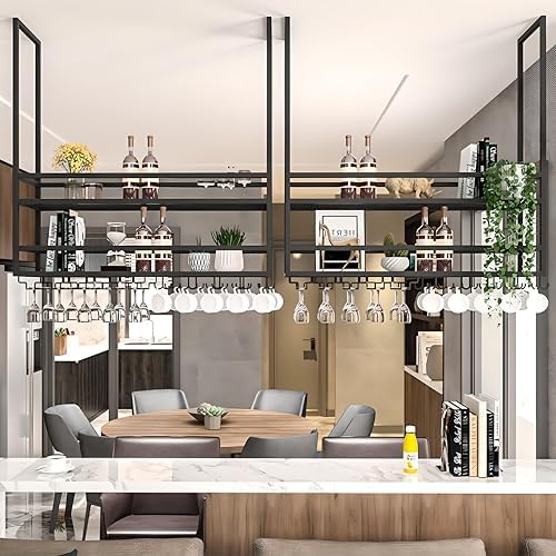 Ceiling Wine Glass Rack 2-Tier Metal Storage Shelf