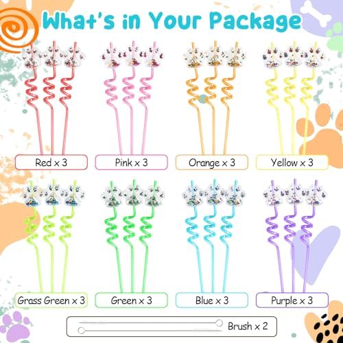 FZR Legend 24Pcs Glitter Paw Drinking Straws with 2Pcs Straw Cleaning Brushes