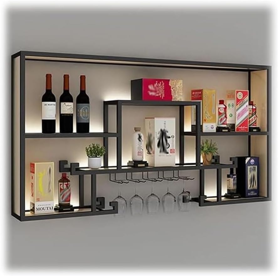 SilteD Wall-Mounted Wine Rack with LED Industrial Style Black 120x80x20cm