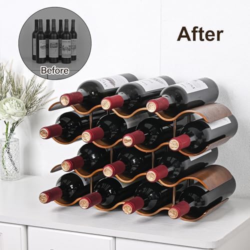 TRUDING 14 Bottle Tabletop Wine Rack with 4 Tier Walnut Wavy Design