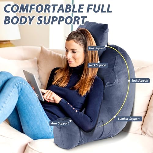Unisakey Portable Reading Pillow with Headrest and Pockets Blue