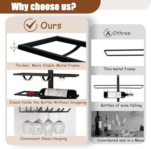 16 Bottle Wall Mount Wine Rack with Glass Holder Black