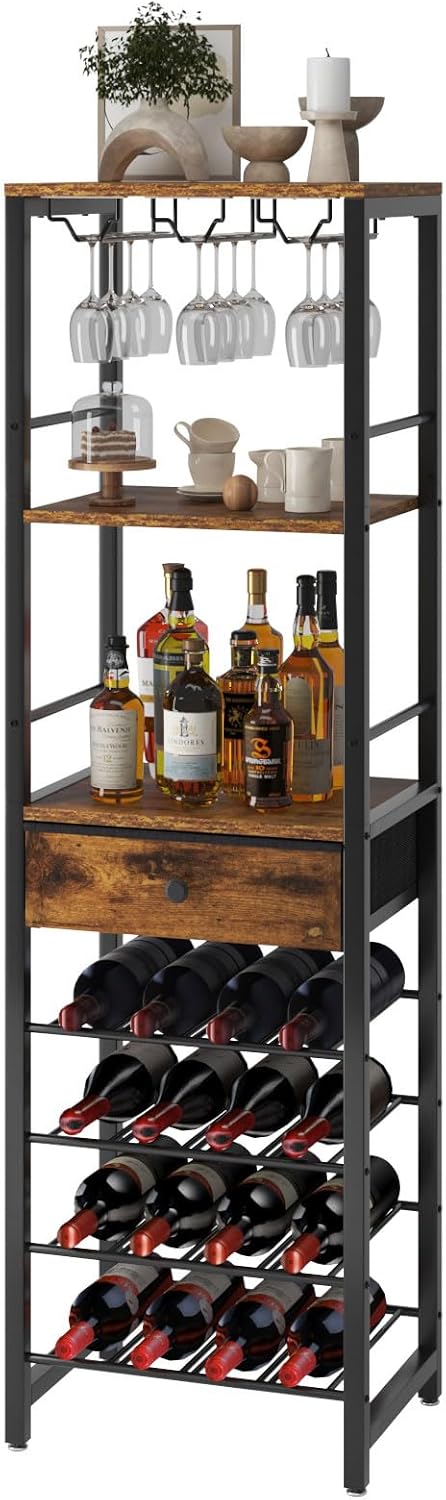 IBUYKE 4-Tier Freestanding Wine Rack with Storage Drawer