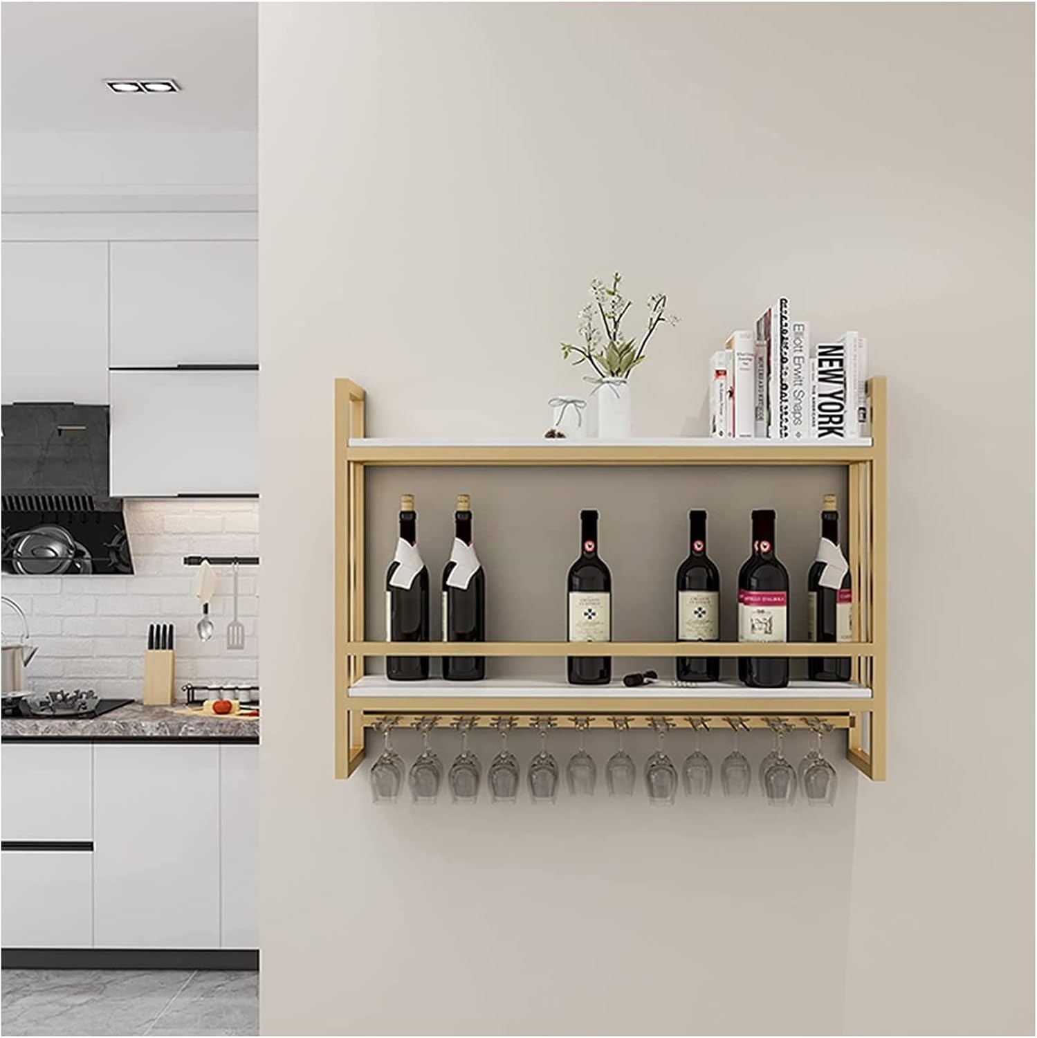 ALDEPO Tabletop Wine Rack with Glass Holder Capacity 4 Bottles 4 Glasses
