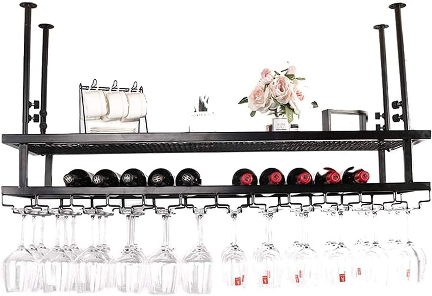 Suuim Hanging Wine Rack with Glass Holder and Shelf