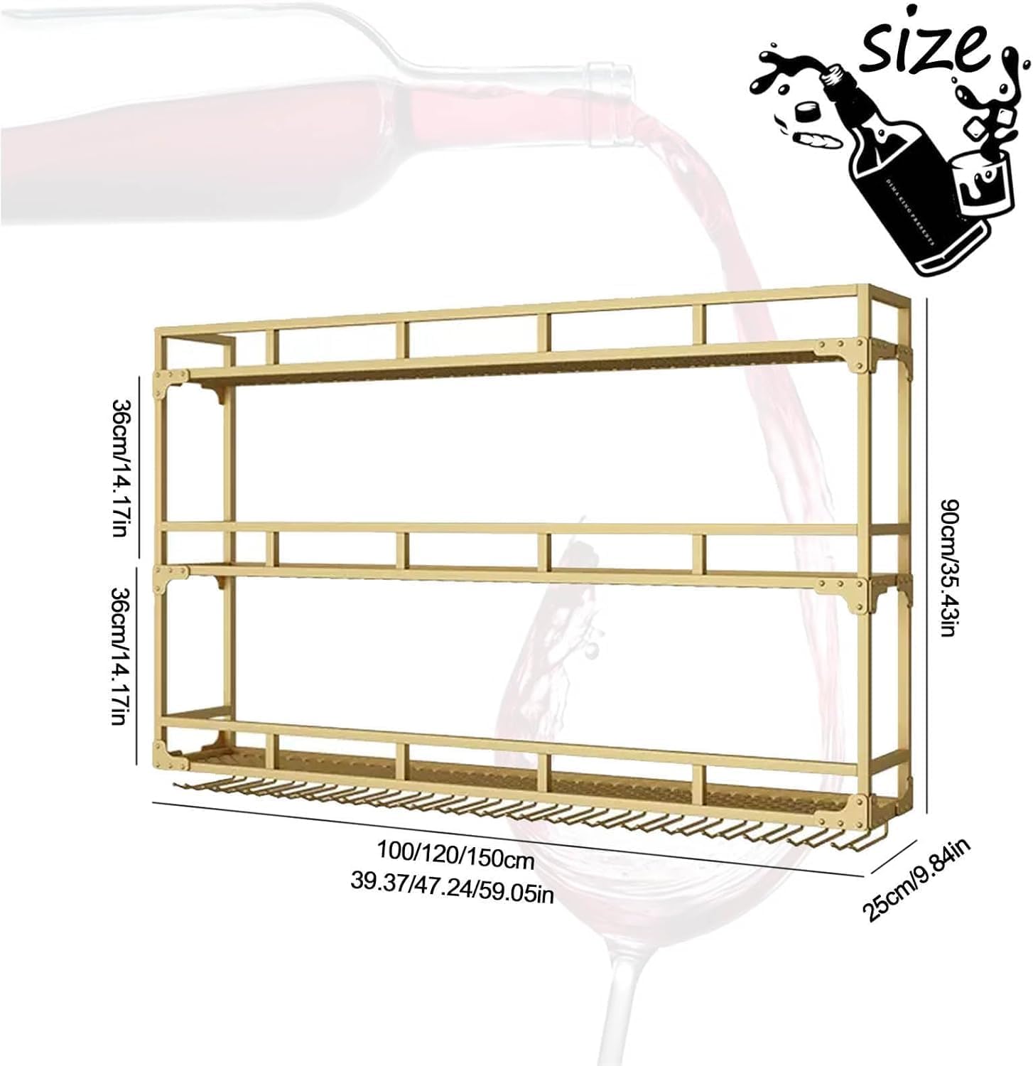 Wall Mounted Wine Rack 3 Tiers Gold Metal