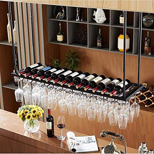 Ceiling Hanging Wine Rack with Adjustable Glass Holder Shelf