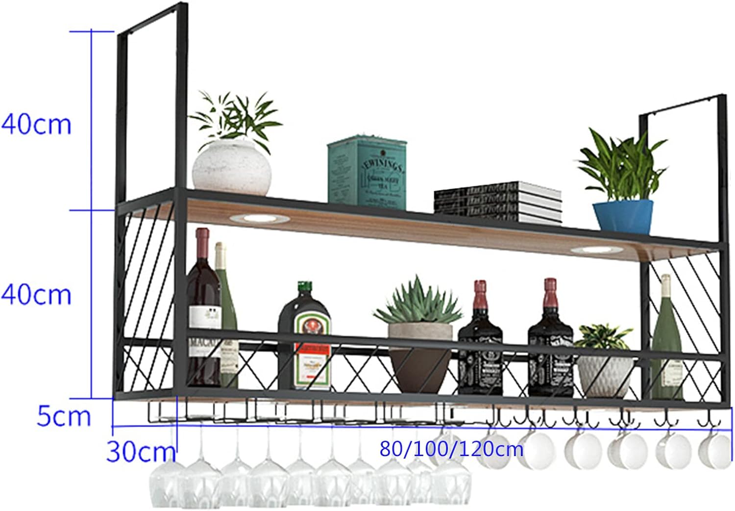 LUCEAE Hanging Wine Rack with 4 Lights 2-Layer Wall Mounted