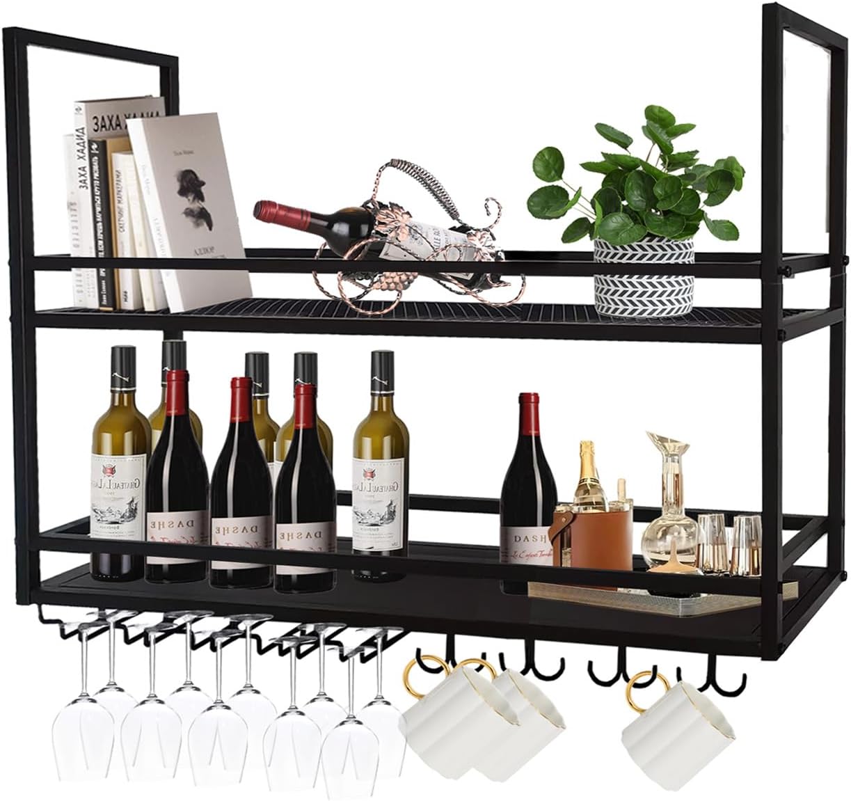 Ceiling Wine Glass Rack 2-Tier Metal Storage Shelf