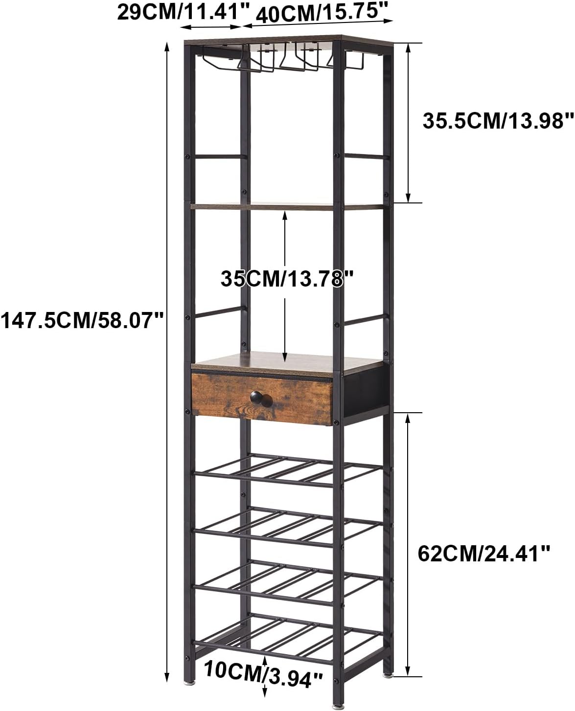 IBUYKE 4-Tier Freestanding Wine Rack with Storage Drawer