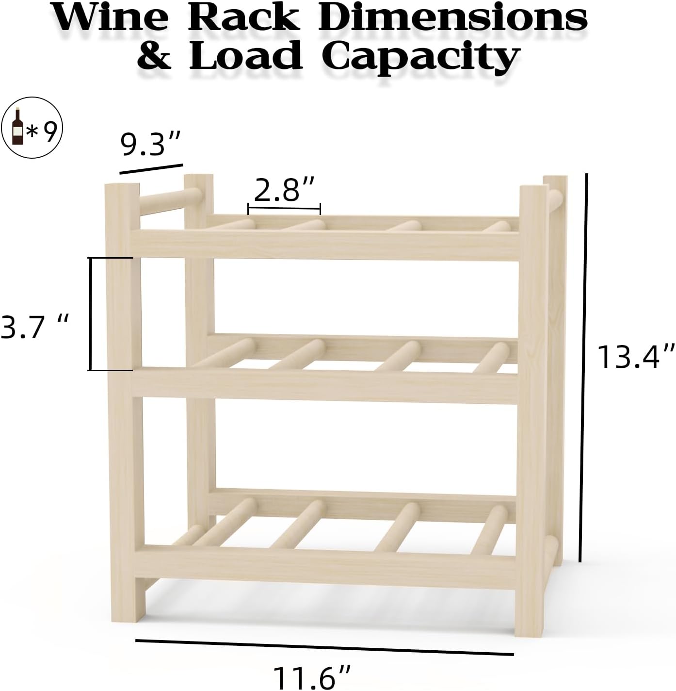 Haihomebest Solid Wood Wine Rack 9-Bottle 3-Tier