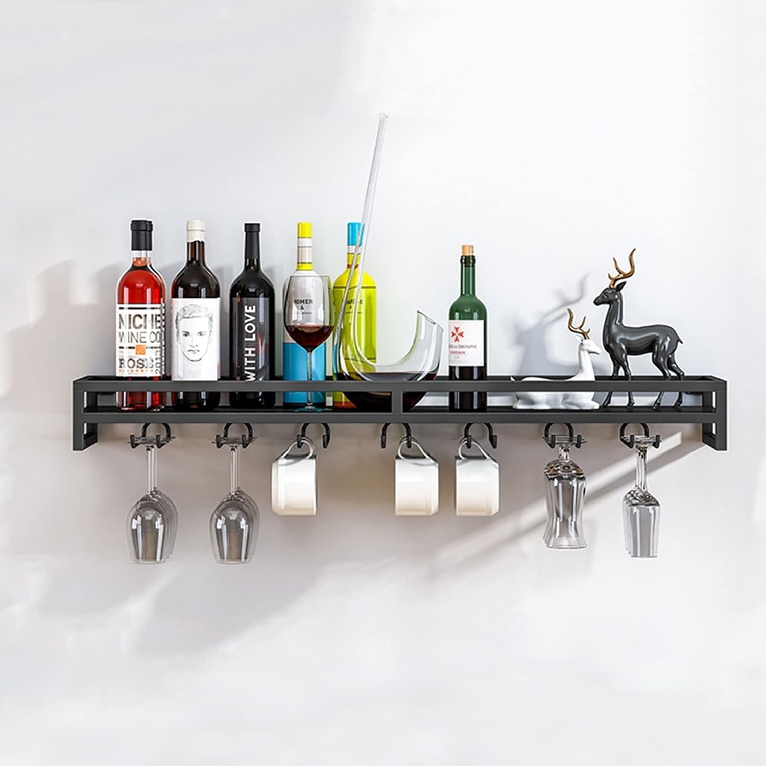 Suuim Wall Mounted Wine Rack Glass Holder Black Metal