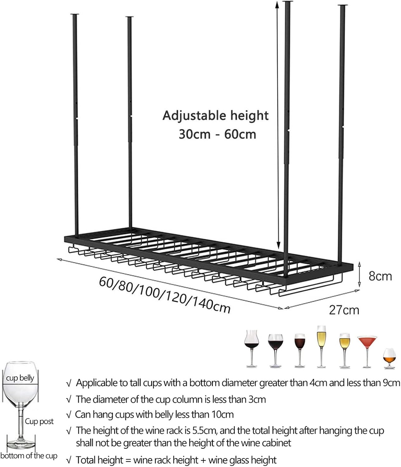 Suuim Metal Wine Glass Holder with Adjustable Ceiling Rack 1