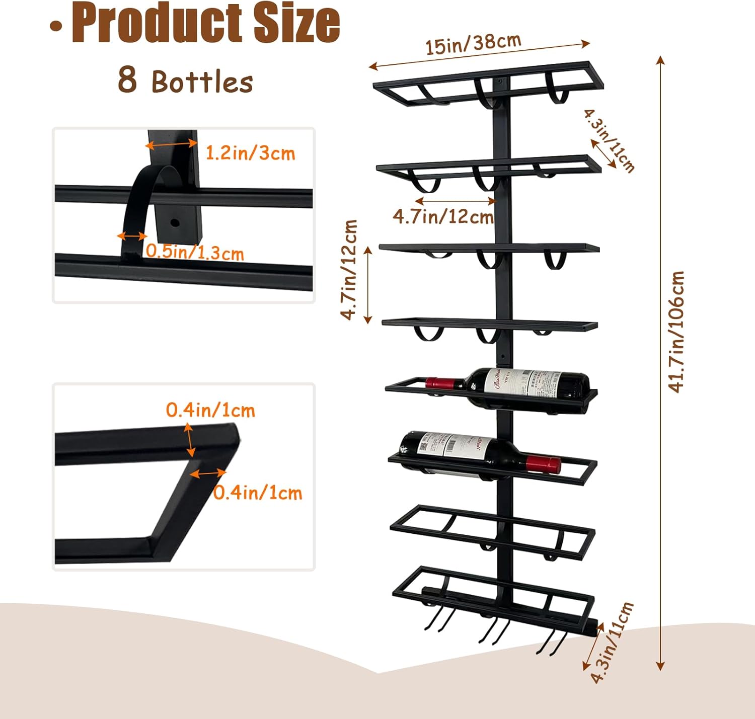16 Bottle Wall Mount Wine Rack with Glass Holder Black