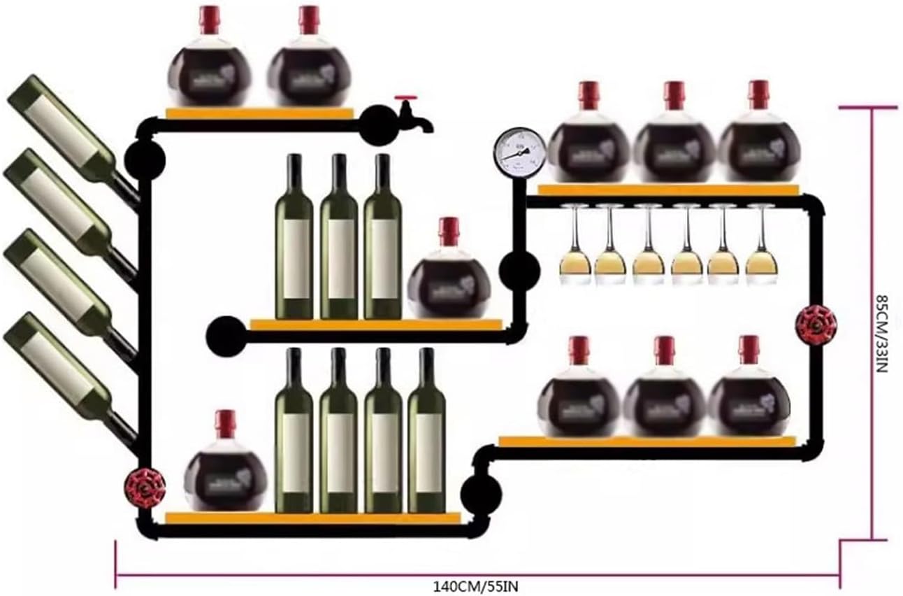 Industrial Style Wall-Mounted Wine Rack with Solid Wood
