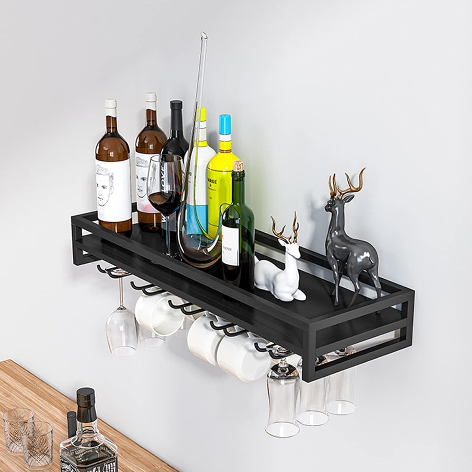 Suuim Wall Mounted Wine Rack Glass Holder Black Metal