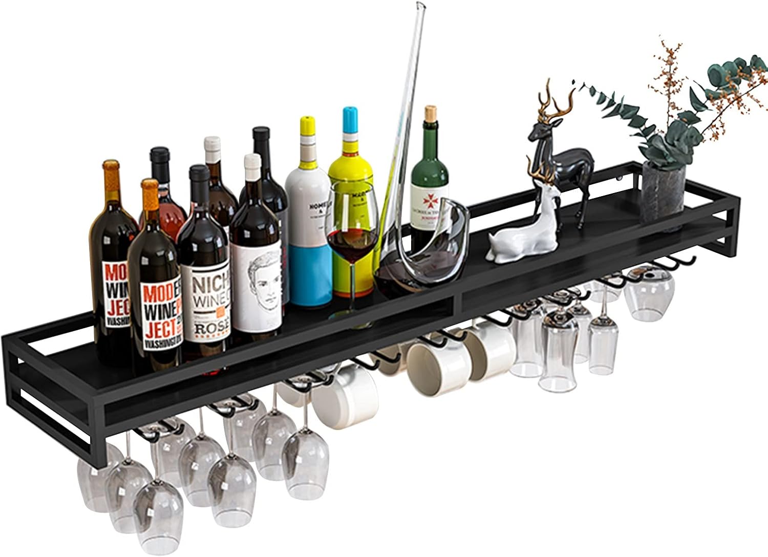 Suuim Wall Mounted Wine Rack Glass Holder Black Metal