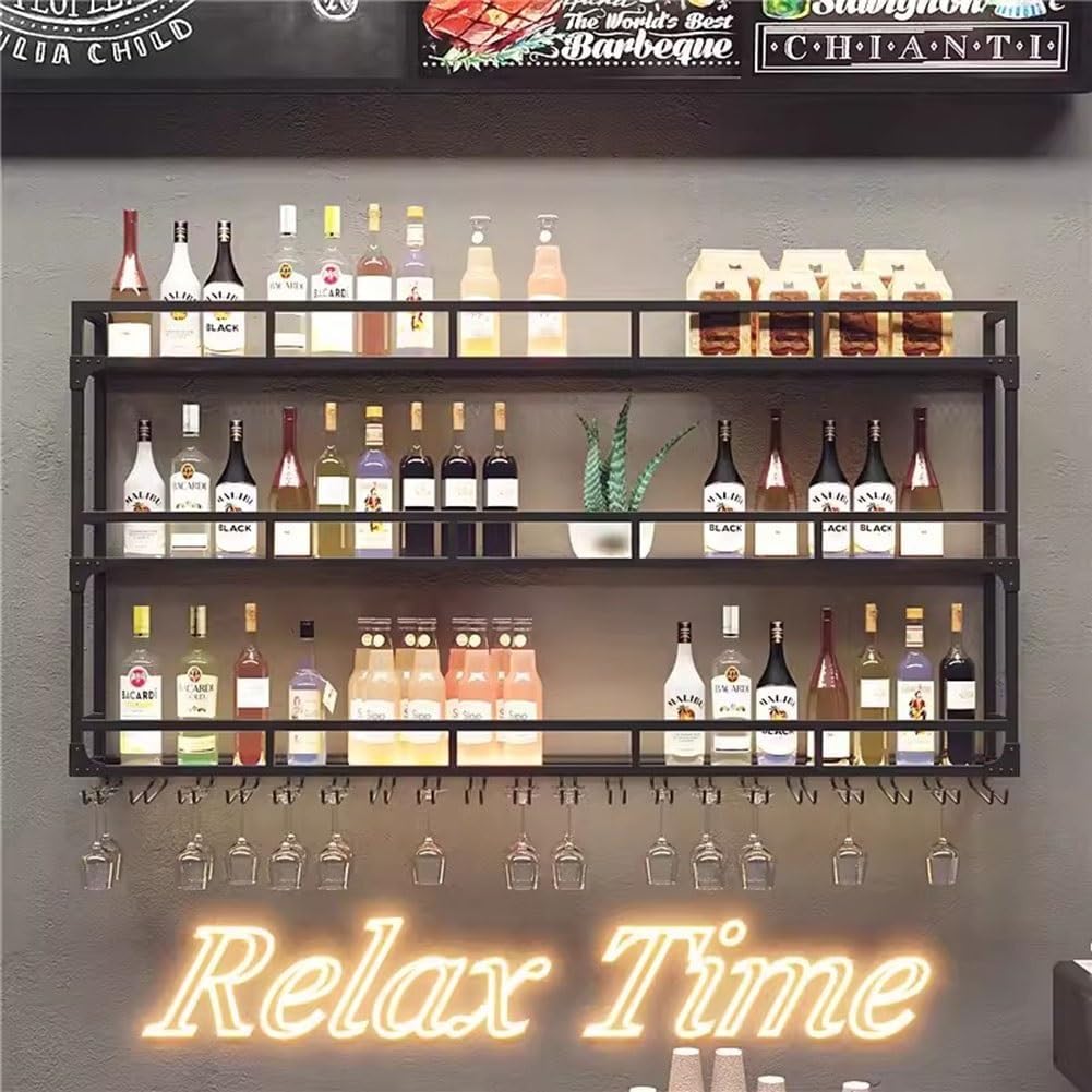 SilteD Wall-Mounted Wine Rack with LED Industrial Style Glass Display Shelf