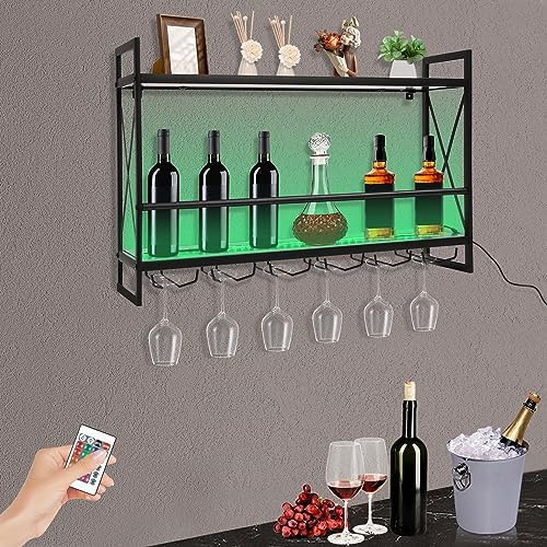WUSILILU 2Tiers LED Wine Rack Wall Mount with Remote Control