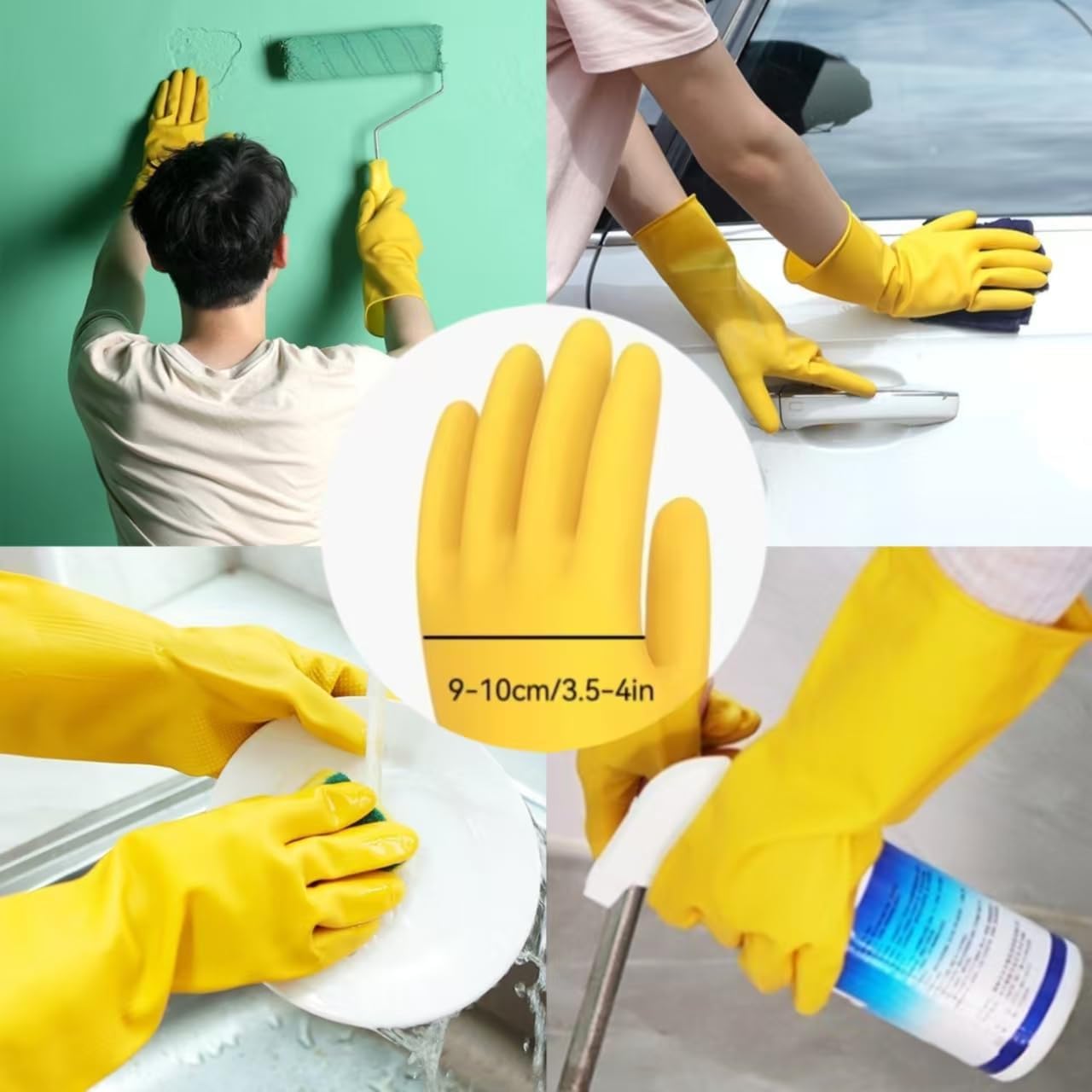4-Pairs Reusable Natural Rubber Gloves - Yellow Size L 1