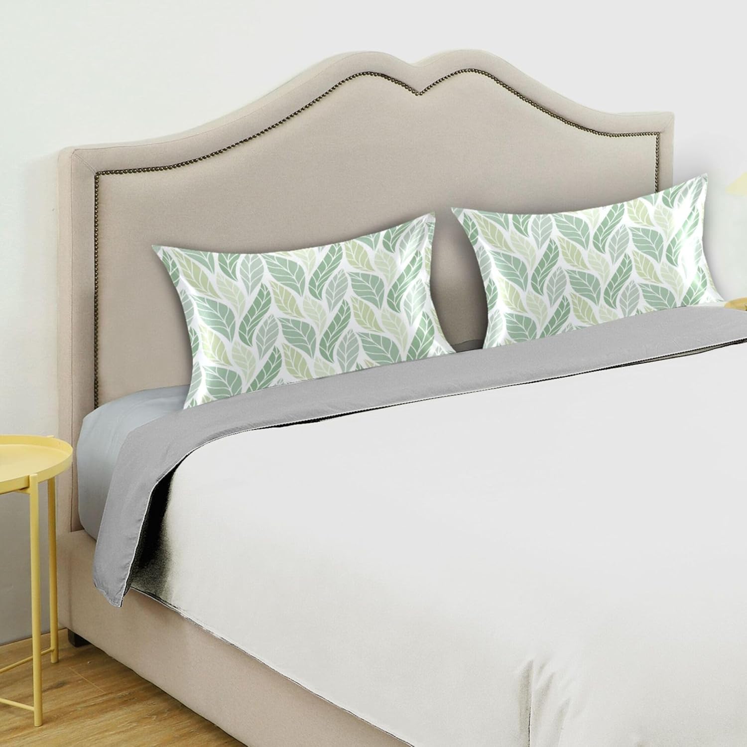 TSENQUE Geometric Green Leaves Pattern Satin Pillow Case