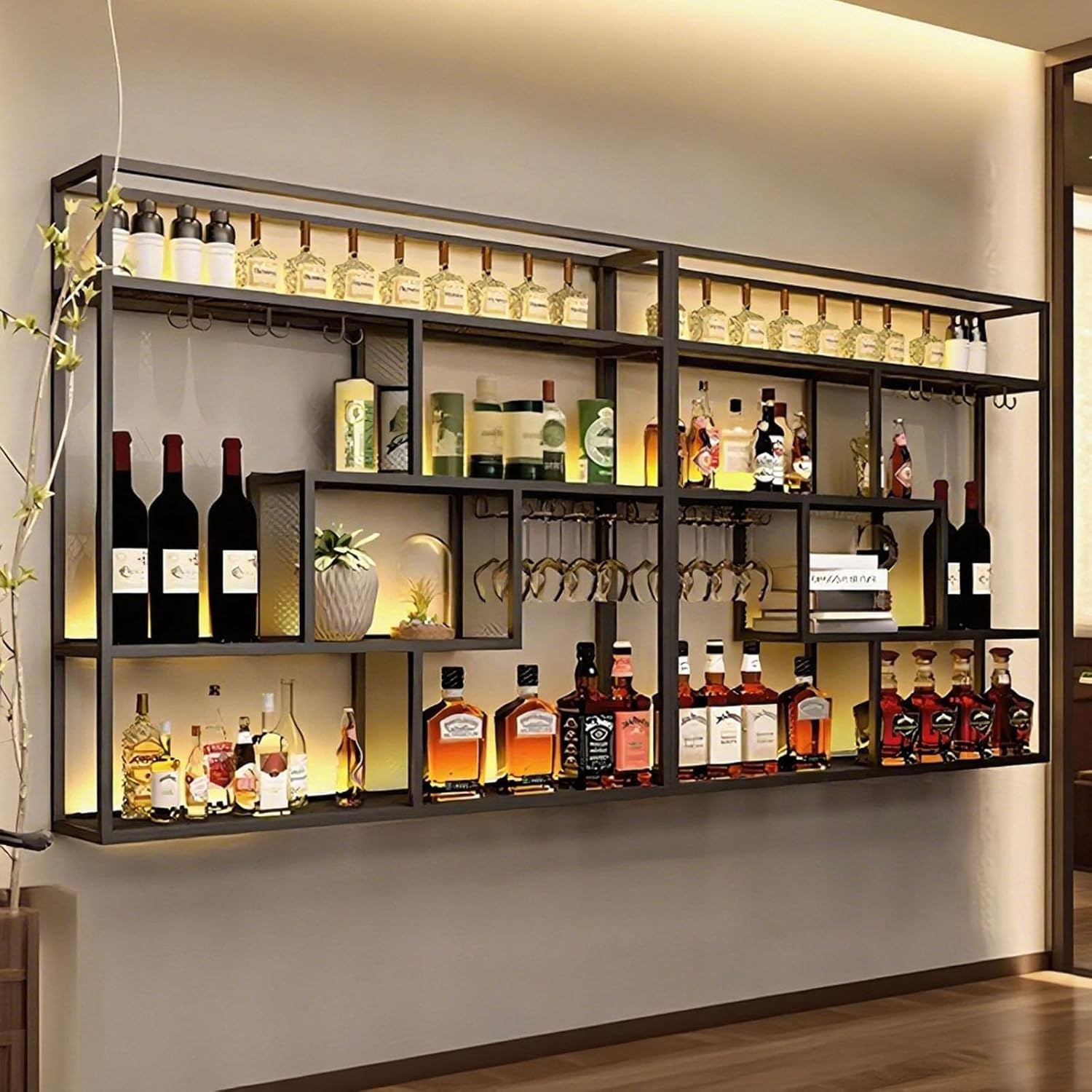 118in Wall Mounted Wine Rack with Glass Holder 4-Tier Industrial Design Black