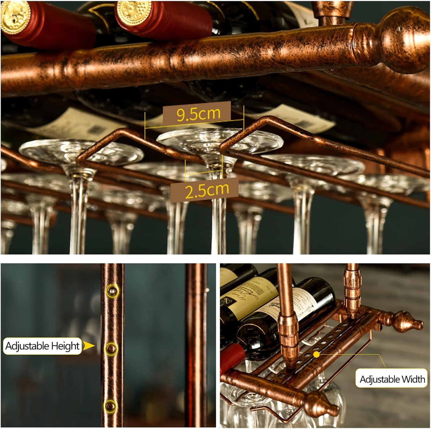 Metal Wine Racks with Adjustable Stemware Holder for Home Bar